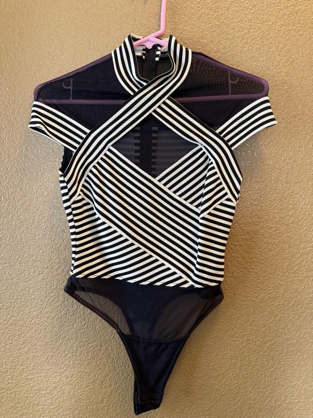 Cache Black & White Striped Cross-Front Bodysuit